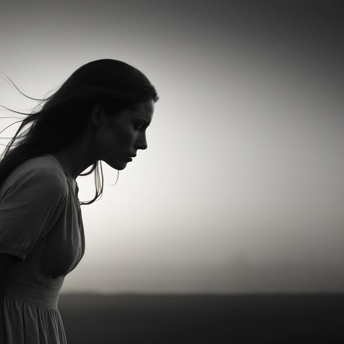 Silouette of a discouraged woman looking into the distance