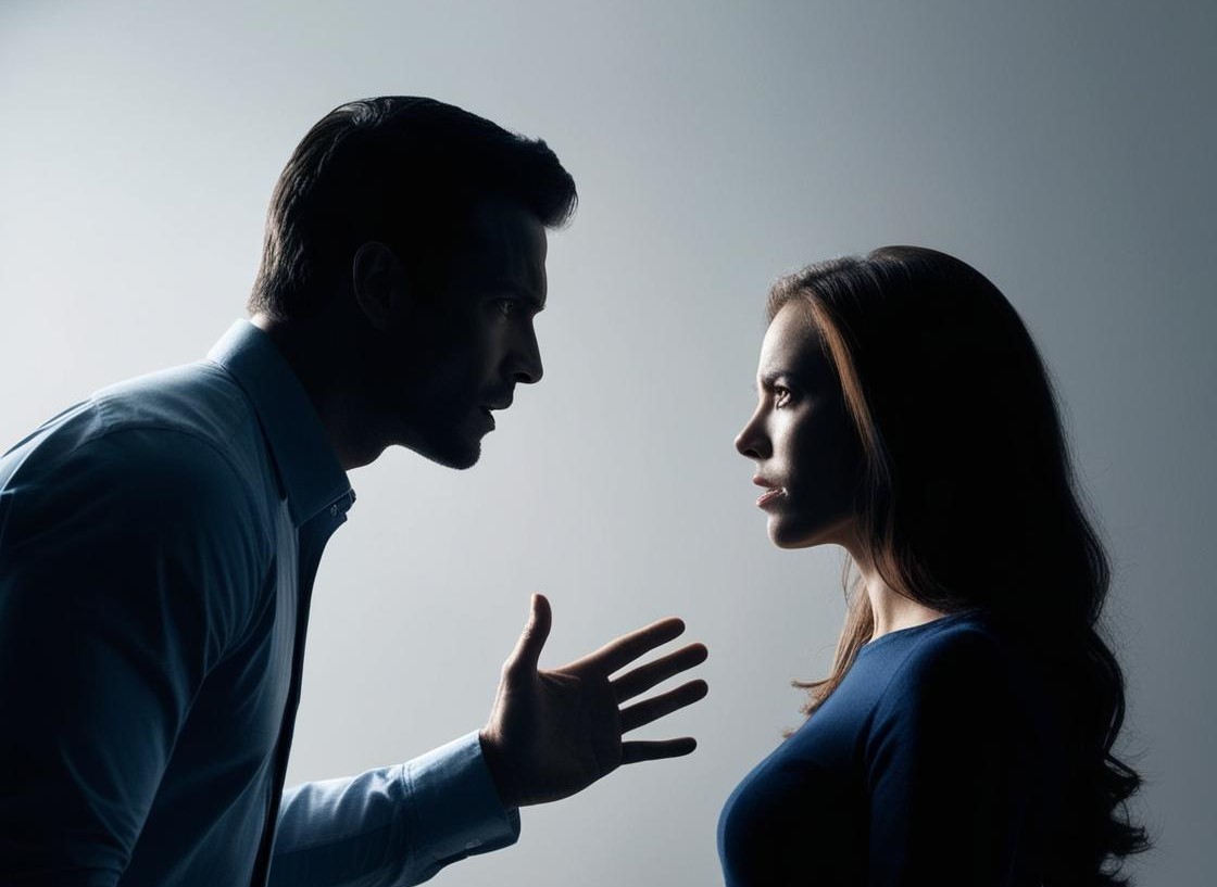 Silouette of angry man confronting timid woman